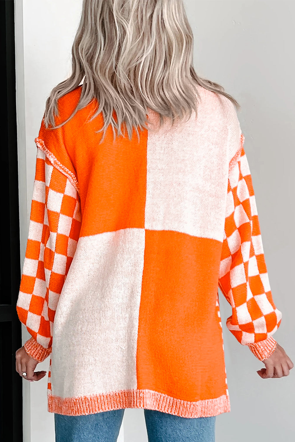 Orange Checkered Knit Cardigan-Cardigans-Krush Kandy, Women's Online Fashion Boutique Located in Phoenix, Arizona (Scottsdale Area)