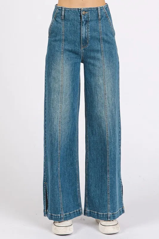 Mittoshop Medium Wash Seam Detail Wide Leg Denim Jeans-Jeans-Krush Kandy, Women's Online Fashion Boutique Located in Phoenix, Arizona (Scottsdale Area)