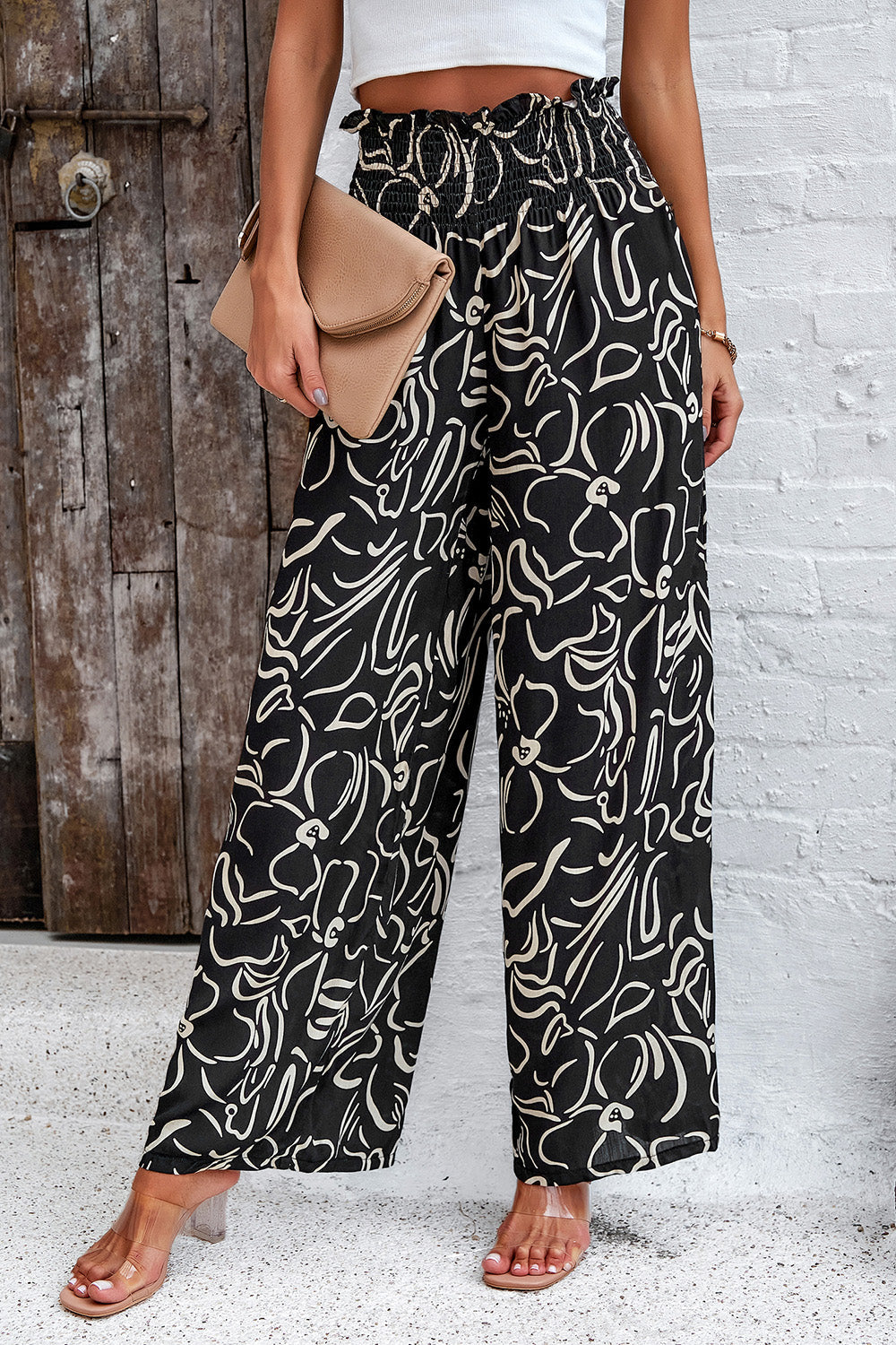 Smocked Printed Wide Leg Pants with Pockets-Pants-Krush Kandy, Women's Online Fashion Boutique Located in Phoenix, Arizona (Scottsdale Area)