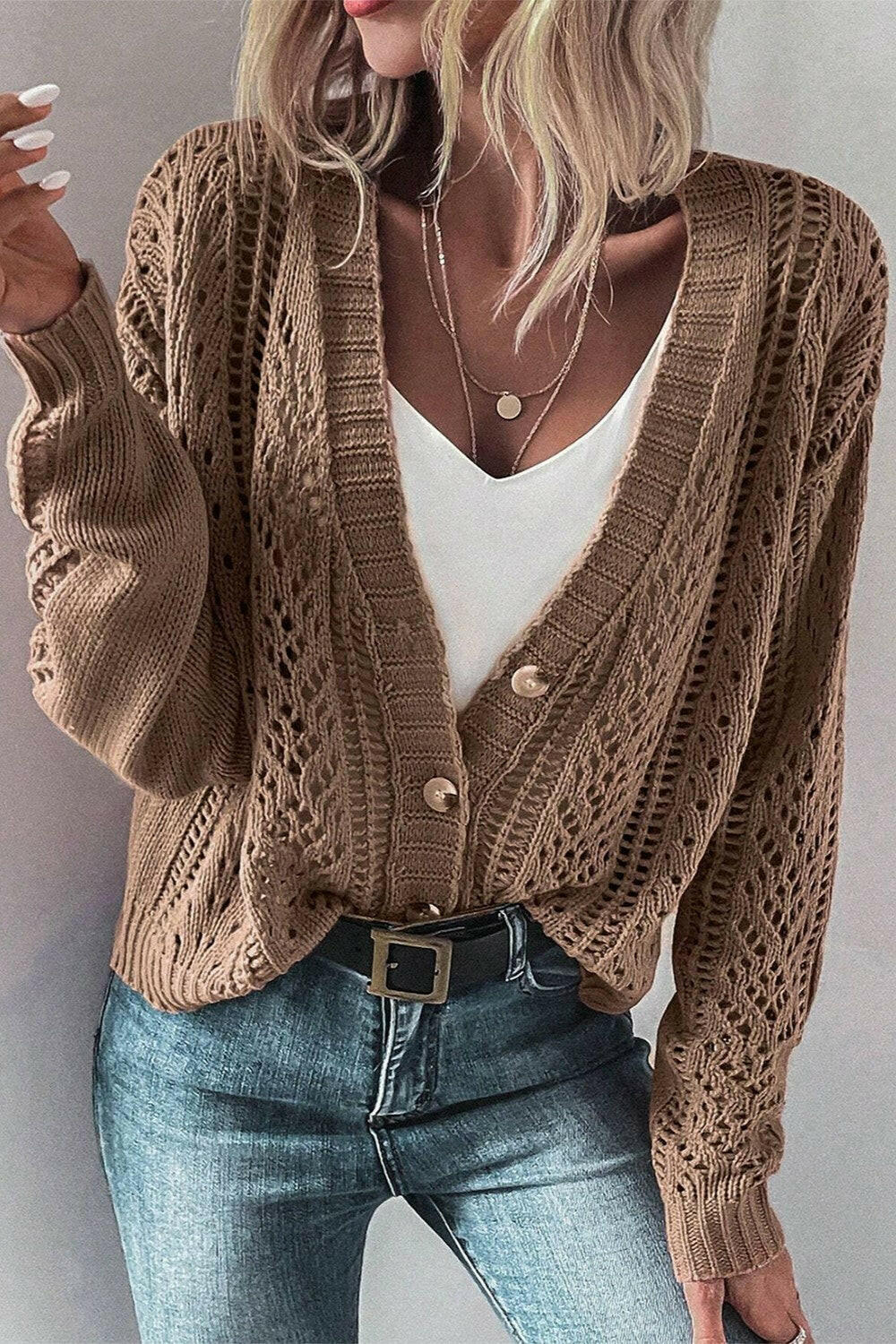 Openwork Button Up Long Sleeve Cardigan-Sweaters-Krush Kandy, Women's Online Fashion Boutique Located in Phoenix, Arizona (Scottsdale Area)