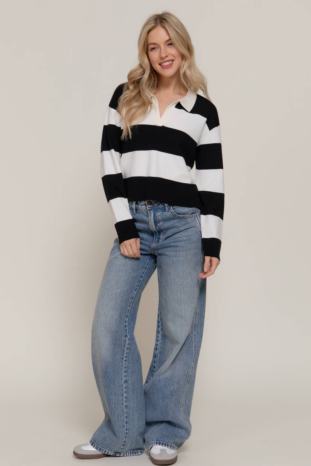 Long Sleeve Rugby Stripe Polo Swaeter-Sweaters-Krush Kandy, Women's Online Fashion Boutique Located in Phoenix, Arizona (Scottsdale Area)