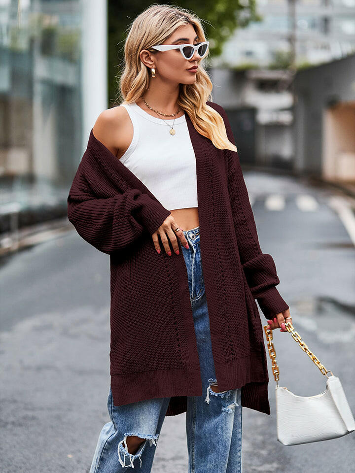 Long Sleeve Waffle Knit Cardigan Womens Womens Long Burgundy