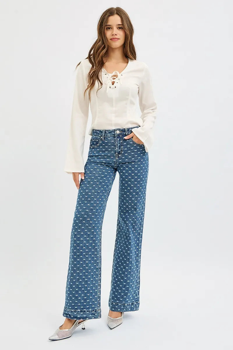 RISEN High Rise Wide Leg Bow Embroidered Jeans-Jeans-Krush Kandy, Women's Online Fashion Boutique Located in Phoenix, Arizona (Scottsdale Area)