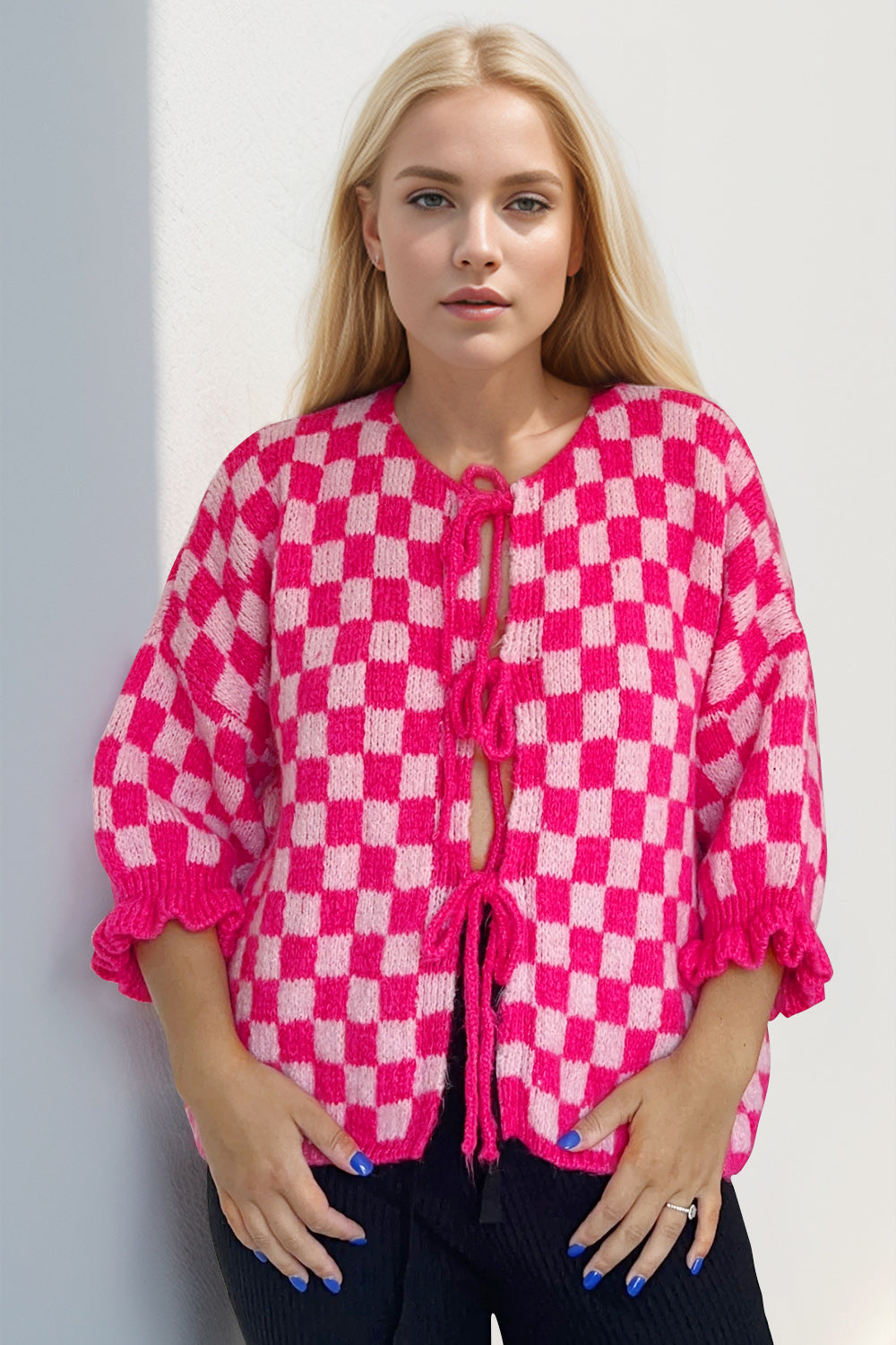 Double Take Tied Checkered Dropped Shoulder Flounce Sleeve Cardigan-Krush Kandy, Women's Online Fashion Boutique Located in Phoenix, Arizona (Scottsdale Area)