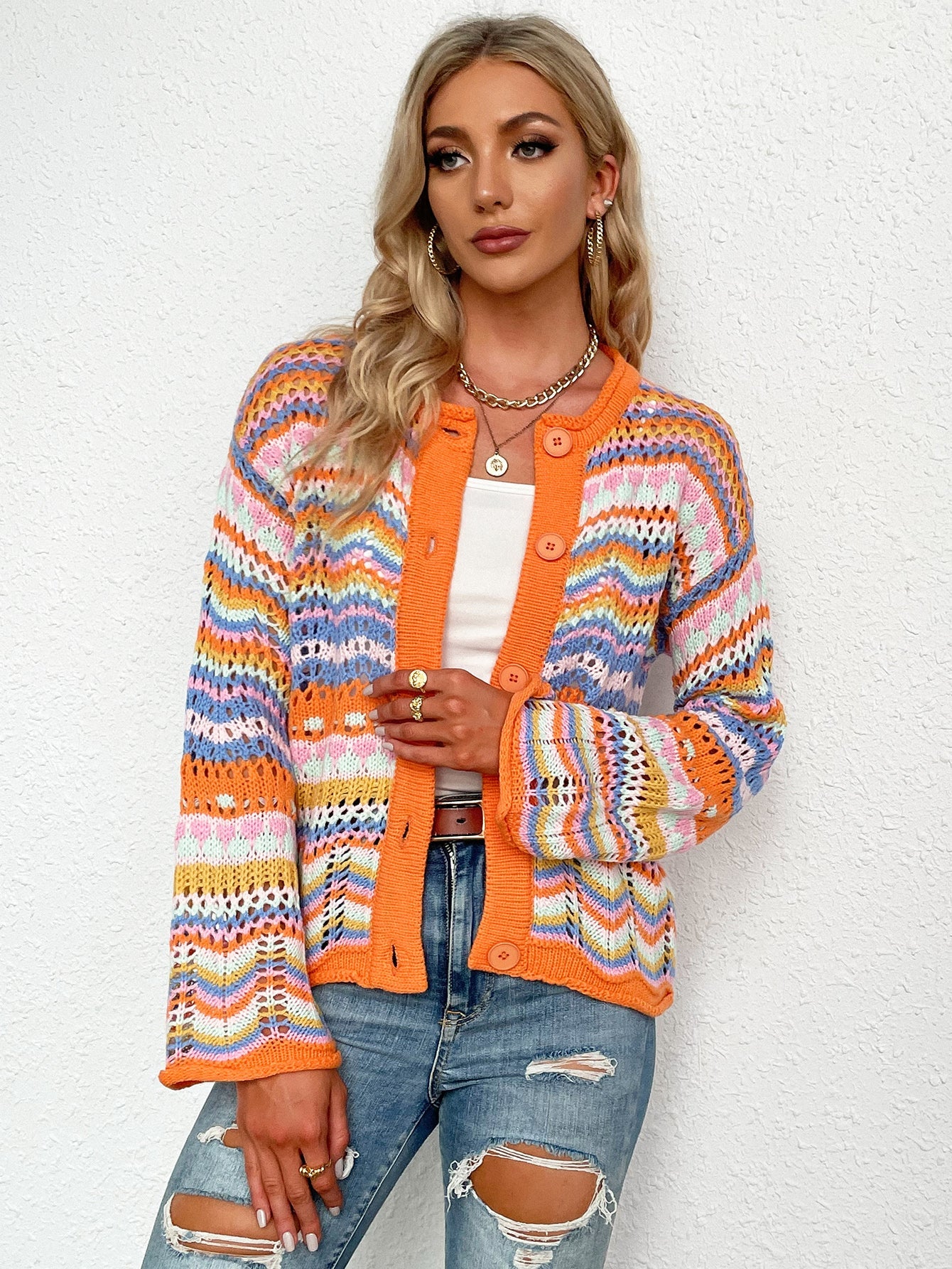 Chevron Stripes Openwork Cardigan-Cardigans-Krush Kandy, Women's Online Fashion Boutique Located in Phoenix, Arizona (Scottsdale Area)