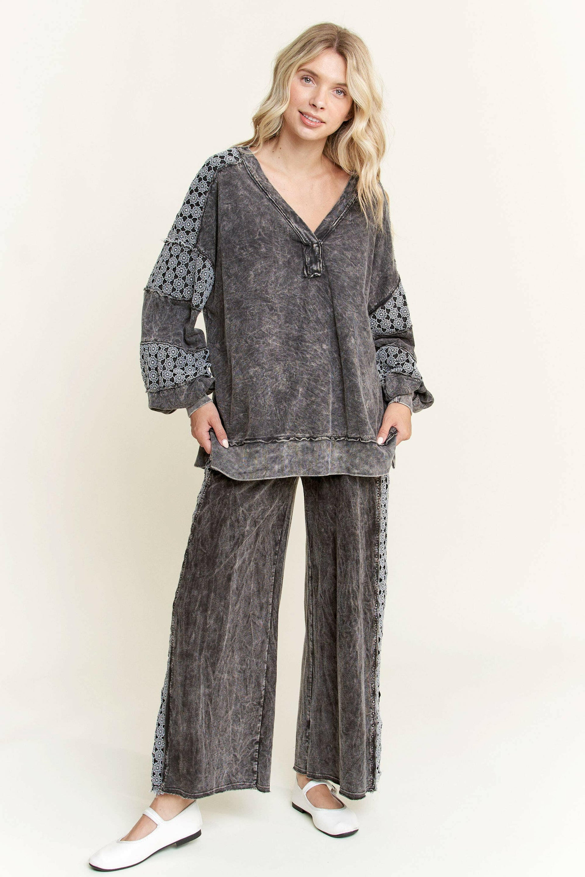 MineralWash Floral Daisy trim Pants-PANTS-Krush Kandy, Women's Online Fashion Boutique Located in Phoenix, Arizona (Scottsdale Area)