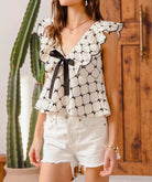 SO ME Bow Texture Jacquard Woven Top with Scallop and Tie-Tops-Krush Kandy, Women's Online Fashion Boutique Located in Phoenix, Arizona (Scottsdale Area)