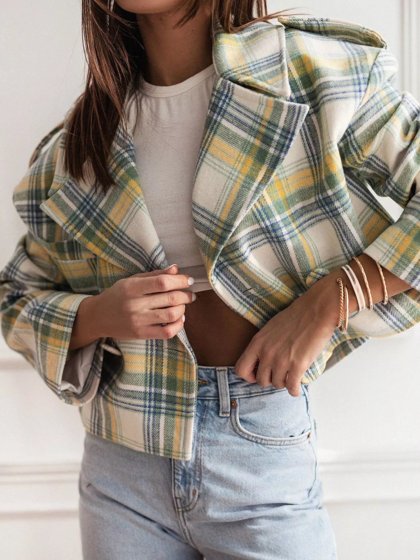 Plaid Lapel Collar Cropped Outerwear-Jackets-Krush Kandy, Women's Online Fashion Boutique Located in Phoenix, Arizona (Scottsdale Area)