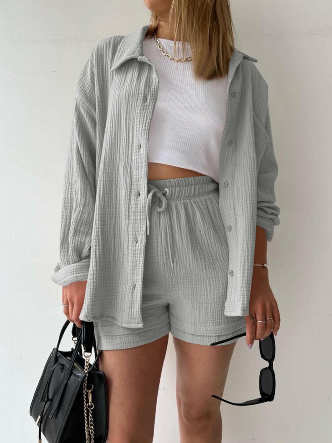 Kinsley Texture Button-Up Shirt and Drawstring Shorts Set-Krush Kandy, Women's Online Fashion Boutique Located in Phoenix, Arizona (Scottsdale Area)