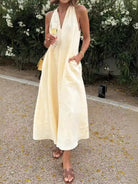 Halter V-Neck Linen Midi Dress-Krush Kandy, Women's Online Fashion Boutique Located in Phoenix, Arizona (Scottsdale Area)