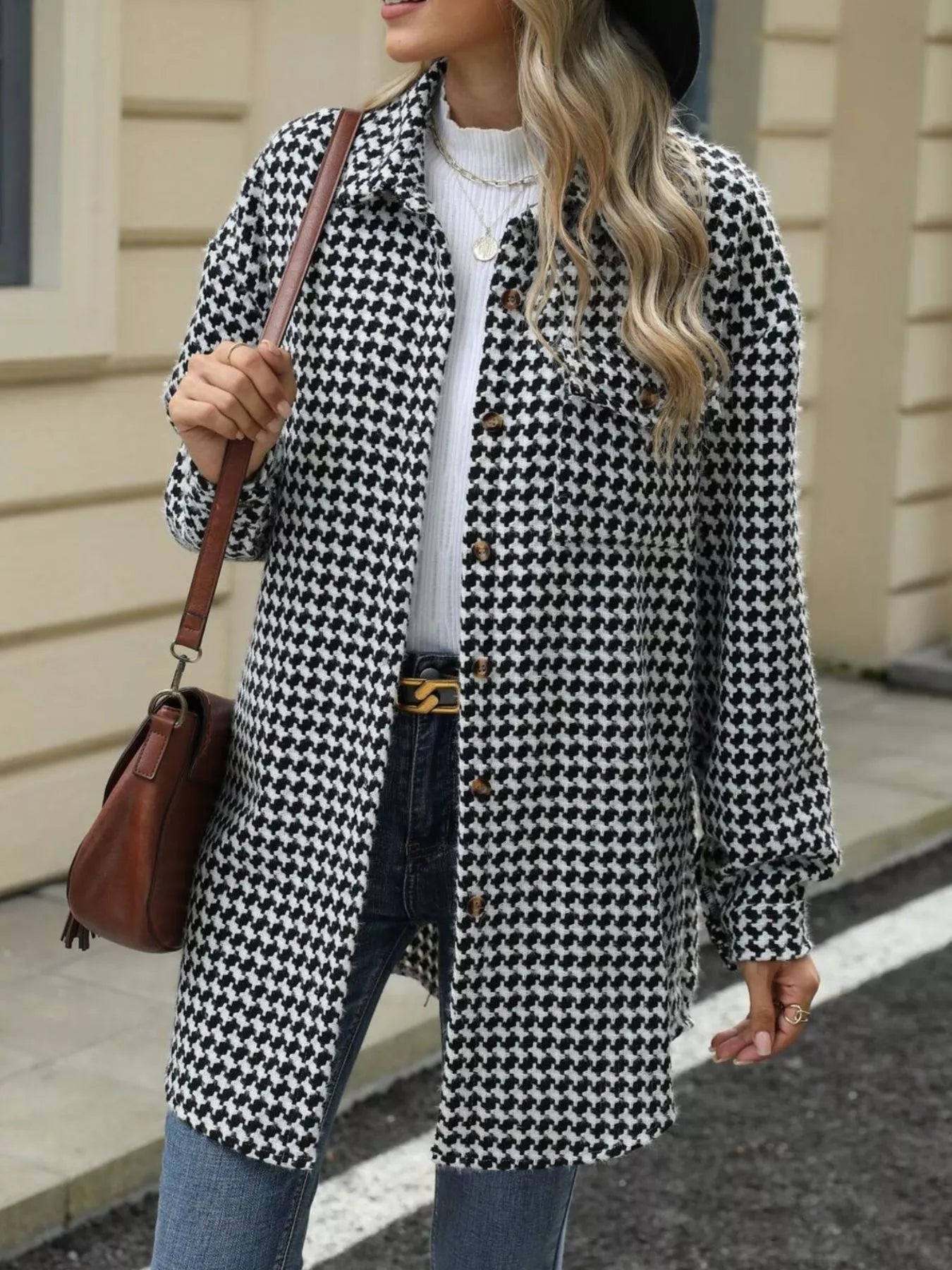 Houndstooth Button Up Long Sleeve Coat-Jacket-Krush Kandy, Women's Online Fashion Boutique Located in Phoenix, Arizona (Scottsdale Area)