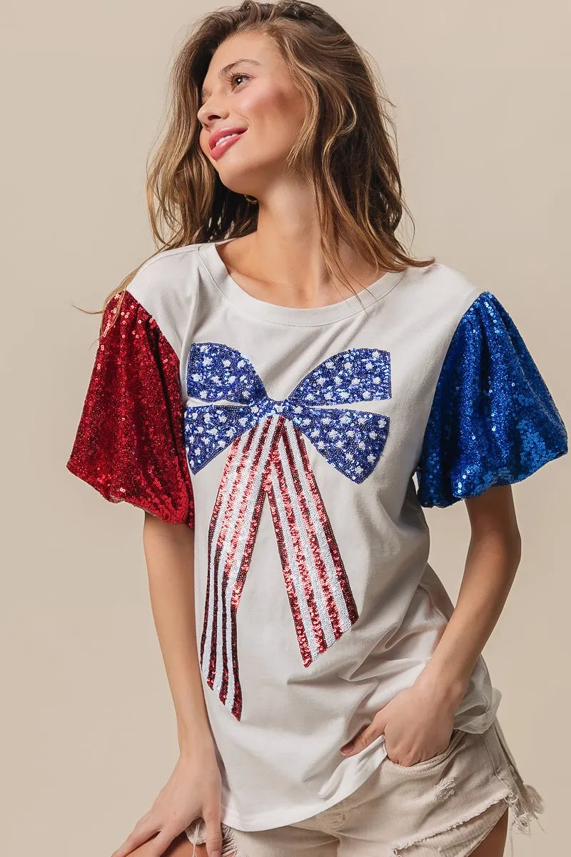 BiBi Sequin American Flag Bow Top-Tops-Krush Kandy, Women's Online Fashion Boutique Located in Phoenix, Arizona (Scottsdale Area)