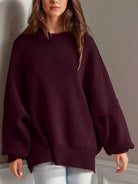 Double Take Side Slit Round Neck Long Sleeve Sweater-Sweaters-Krush Kandy, Women's Online Fashion Boutique Located in Phoenix, Arizona (Scottsdale Area)