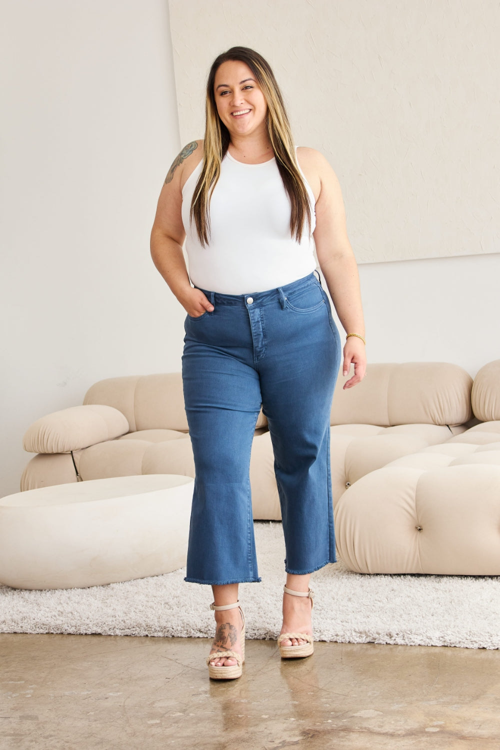 RfM Crop Chloe Full Size Tummy Control High Waist Raw Hem Jeans-Krush Kandy, Women's Online Fashion Boutique Located in Phoenix, Arizona (Scottsdale Area)