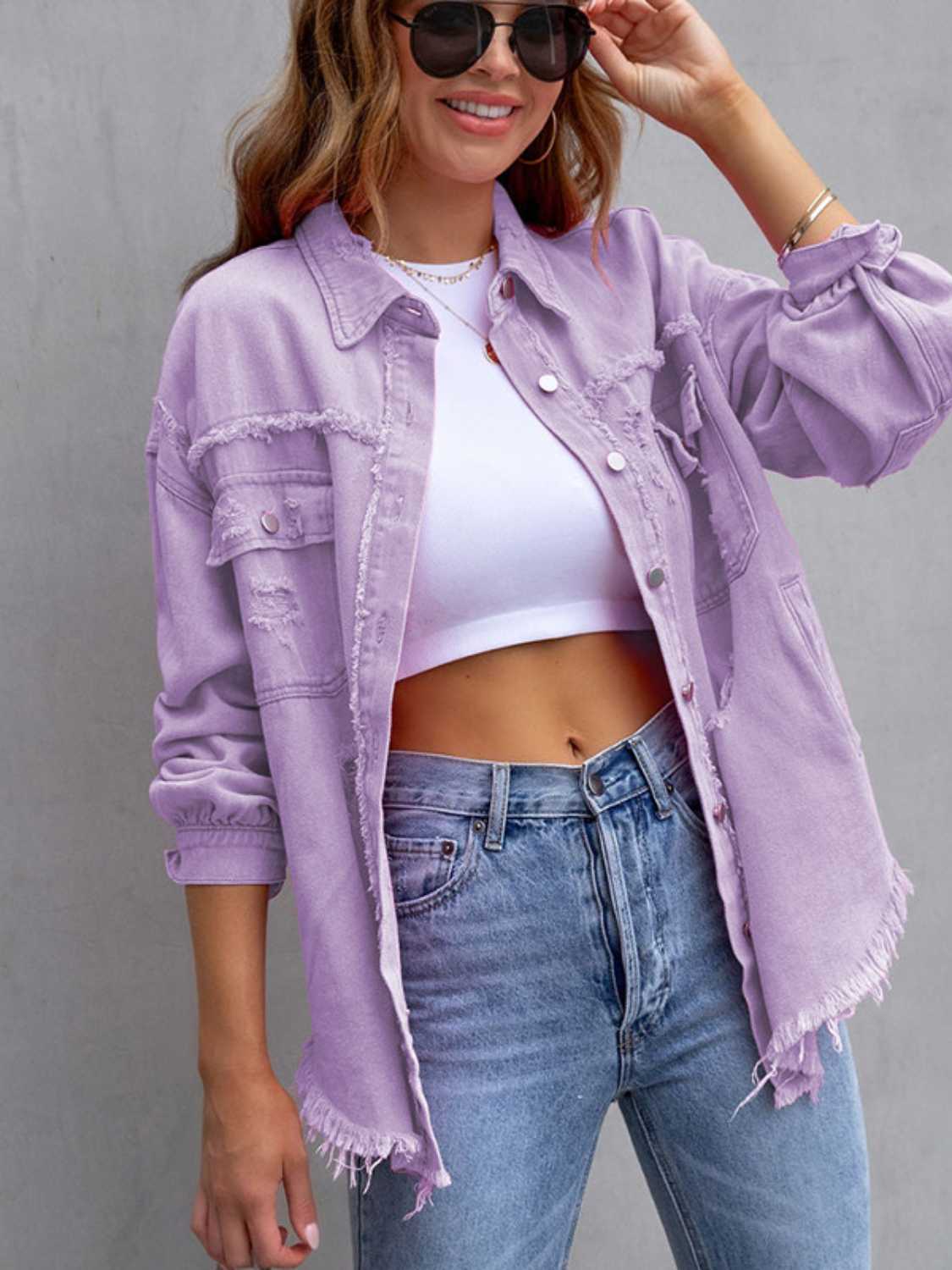 Distressed Drop Shoulder Denim Jacket-Krush Kandy, Women's Online Fashion Boutique Located in Phoenix, Arizona (Scottsdale Area)