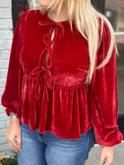 Plus Size Tie Front Velvet Peplum Blouse-Blouses-Krush Kandy, Women's Online Fashion Boutique Located in Phoenix, Arizona (Scottsdale Area)
