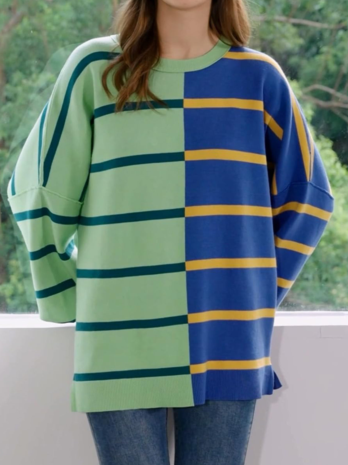 Luxe Half and Half Oversized Stripe Sweater-Sweaters-Krush Kandy, Women's Online Fashion Boutique Located in Phoenix, Arizona (Scottsdale Area)