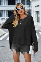 High-Low Slit Round Neck Long Sleeve Sweater-Krush Kandy, Women's Online Fashion Boutique Located in Phoenix, Arizona (Scottsdale Area)