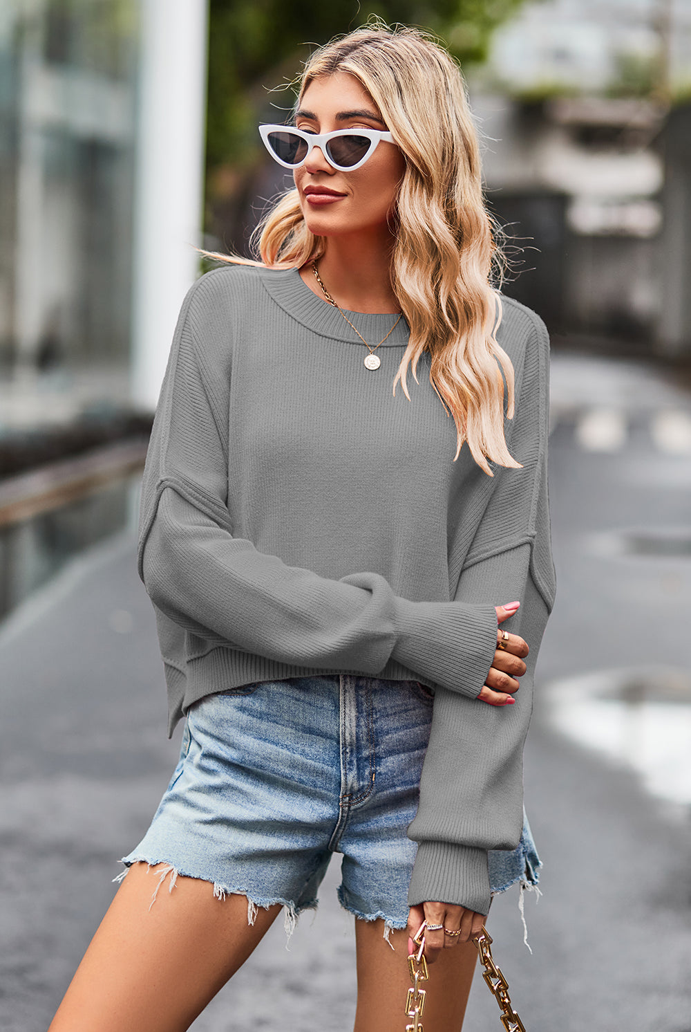 Round Neck Drop Shoulder Long Sleeve Sweater-Krush Kandy, Women's Online Fashion Boutique Located in Phoenix, Arizona (Scottsdale Area)