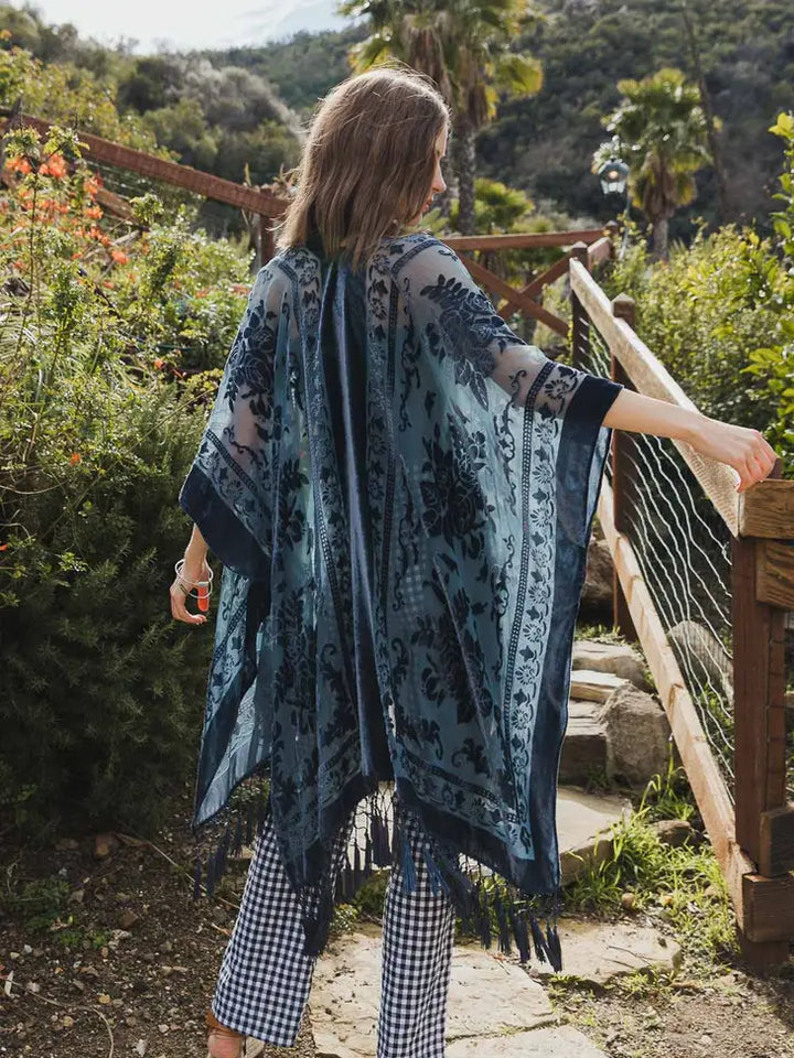 Velvet Mesh Tapestry Tassel Kimono-Kimonos-Krush Kandy, Women's Online Fashion Boutique Located in Phoenix, Arizona (Scottsdale Area)