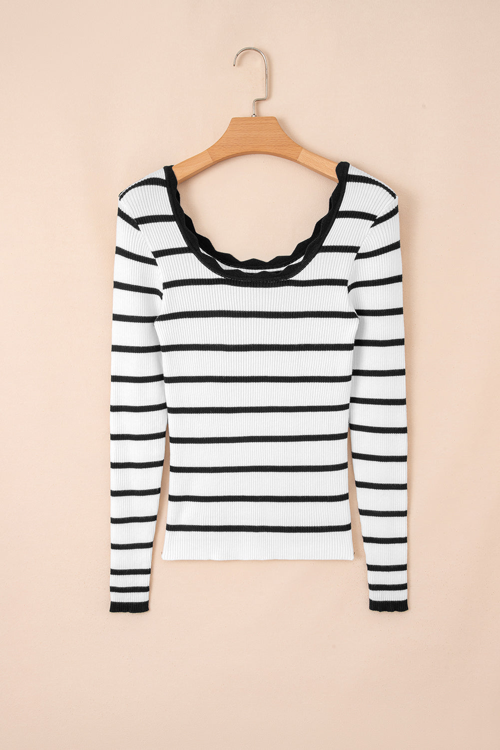 Black & White Striped Scallop Neck Ribbed Top-Sweaters-Krush Kandy, Women's Online Fashion Boutique Located in Phoenix, Arizona (Scottsdale Area)
