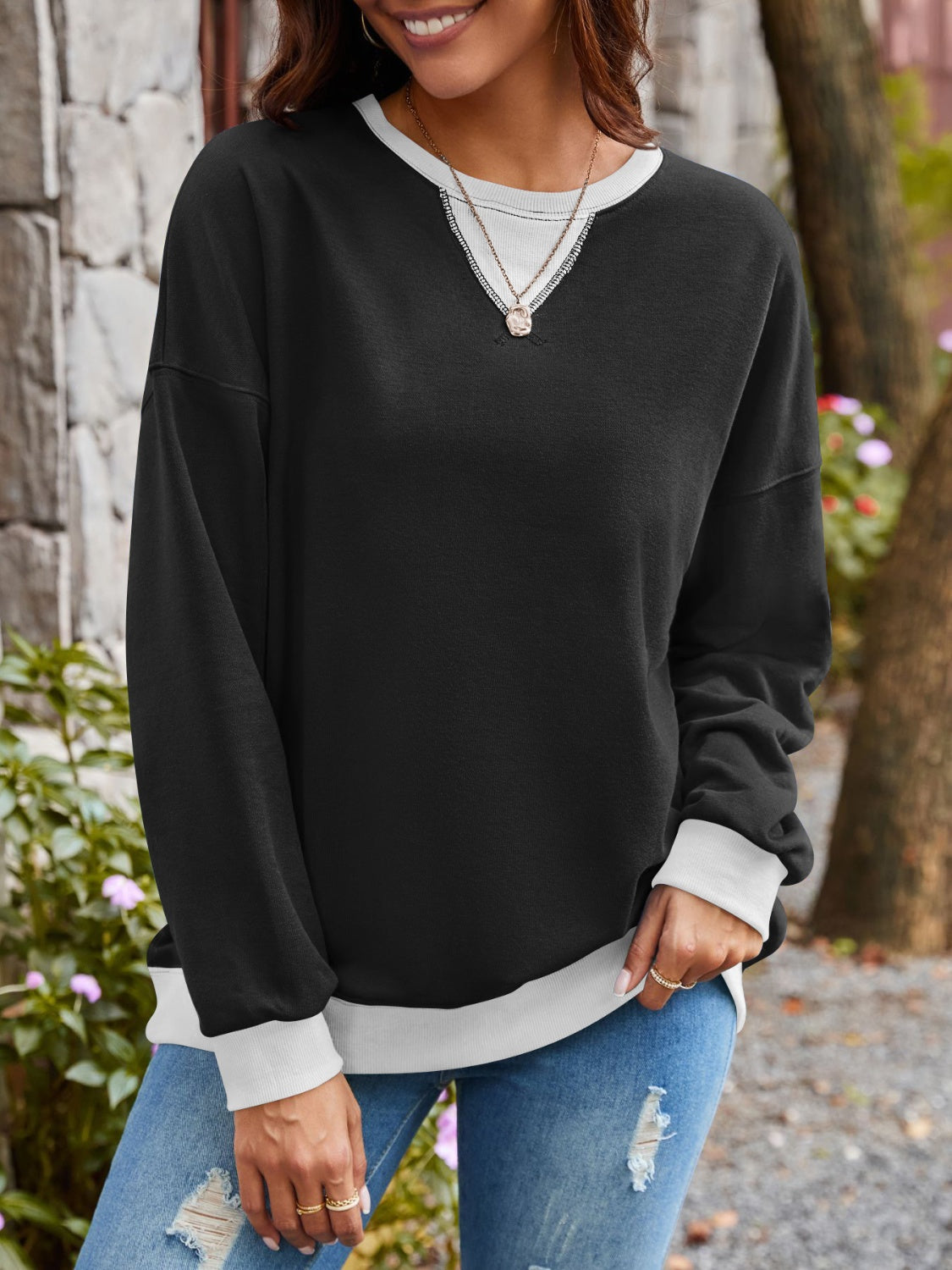 Lovelet Contrast Round Neck Long Sleeve Sweatshirt-Krush Kandy, Women's Online Fashion Boutique Located in Phoenix, Arizona (Scottsdale Area)