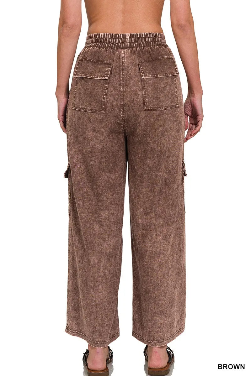 Washed Linen Elastic Band Waist Cargo Pants-Pants-Krush Kandy, Women's Online Fashion Boutique Located in Phoenix, Arizona (Scottsdale Area)