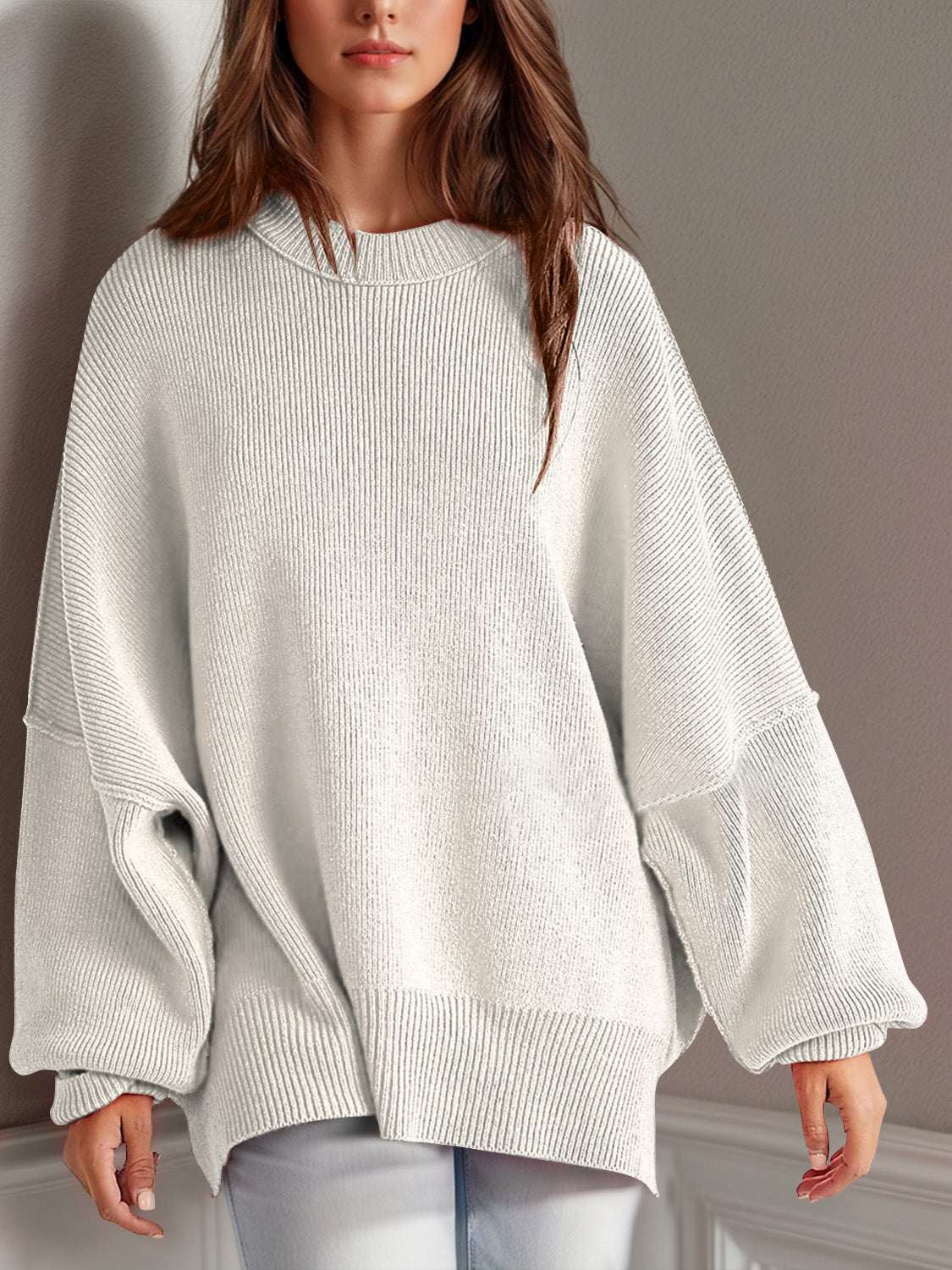 Double Take Side Slit Round Neck Long Sleeve Sweater-Sweaters-Krush Kandy, Women's Online Fashion Boutique Located in Phoenix, Arizona (Scottsdale Area)