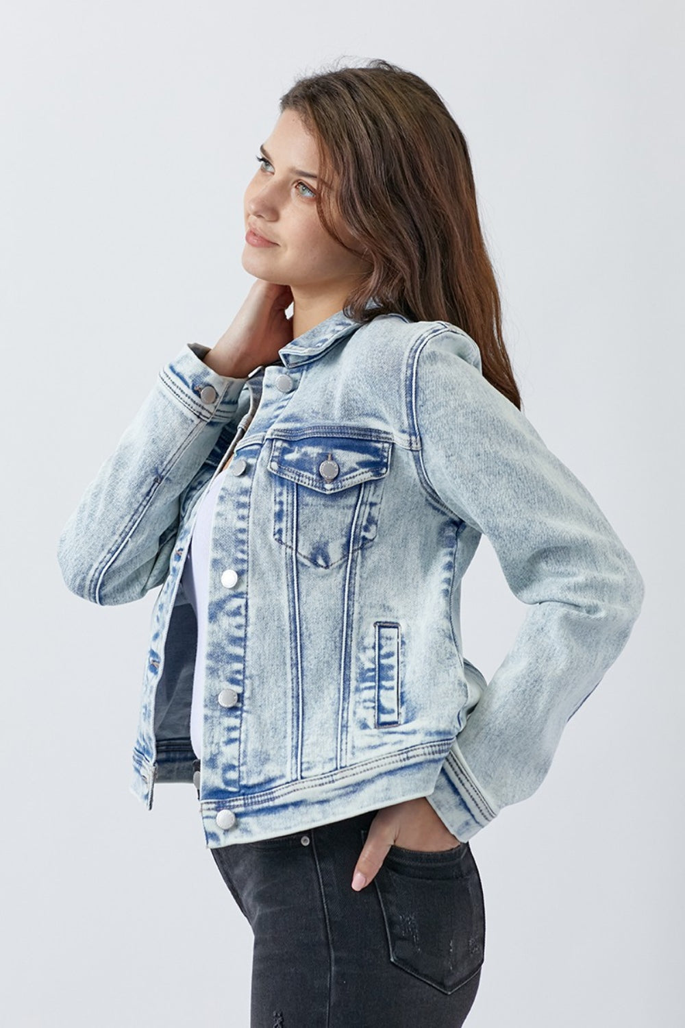 RISEN Button Up Washed Denim Jacket-Jackets-Krush Kandy, Women's Online Fashion Boutique Located in Phoenix, Arizona (Scottsdale Area)