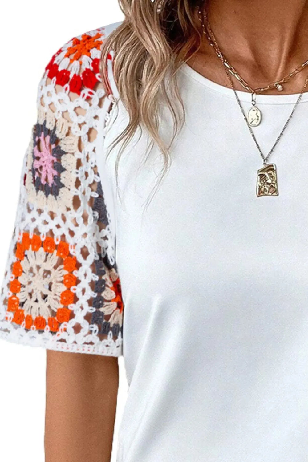 Retro Bloom Crochet Sleeve Tee-Tops-Krush Kandy, Women's Online Fashion Boutique Located in Phoenix, Arizona (Scottsdale Area)