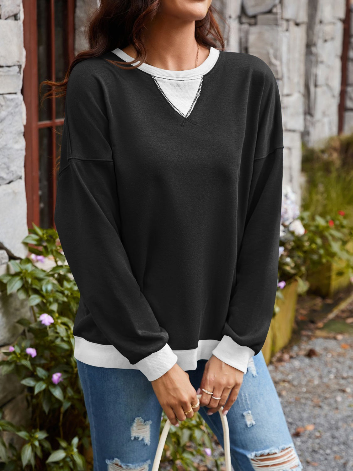 Lovelet Contrast Round Neck Long Sleeve Sweatshirt-Krush Kandy, Women's Online Fashion Boutique Located in Phoenix, Arizona (Scottsdale Area)