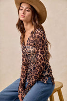 BiBi Leopard Printed Mesh Shirt With Button Up V Neck-Tops-Krush Kandy, Women's Online Fashion Boutique Located in Phoenix, Arizona (Scottsdale Area)