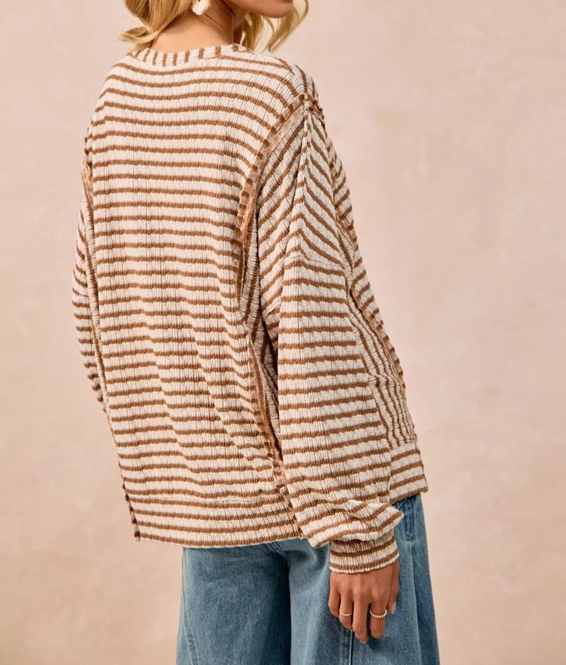 BiBi Open Seam Detail Textured Stripe Knit Top-Sweaters-Krush Kandy, Women's Online Fashion Boutique Located in Phoenix, Arizona (Scottsdale Area)