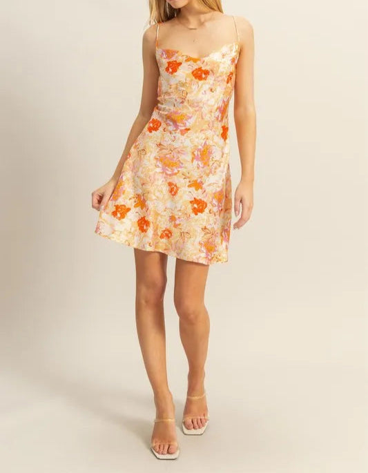 HYFVE Floral Cowl Neck Flirty Satin Mini Dress-Dresses-Krush Kandy, Women's Online Fashion Boutique Located in Phoenix, Arizona (Scottsdale Area)