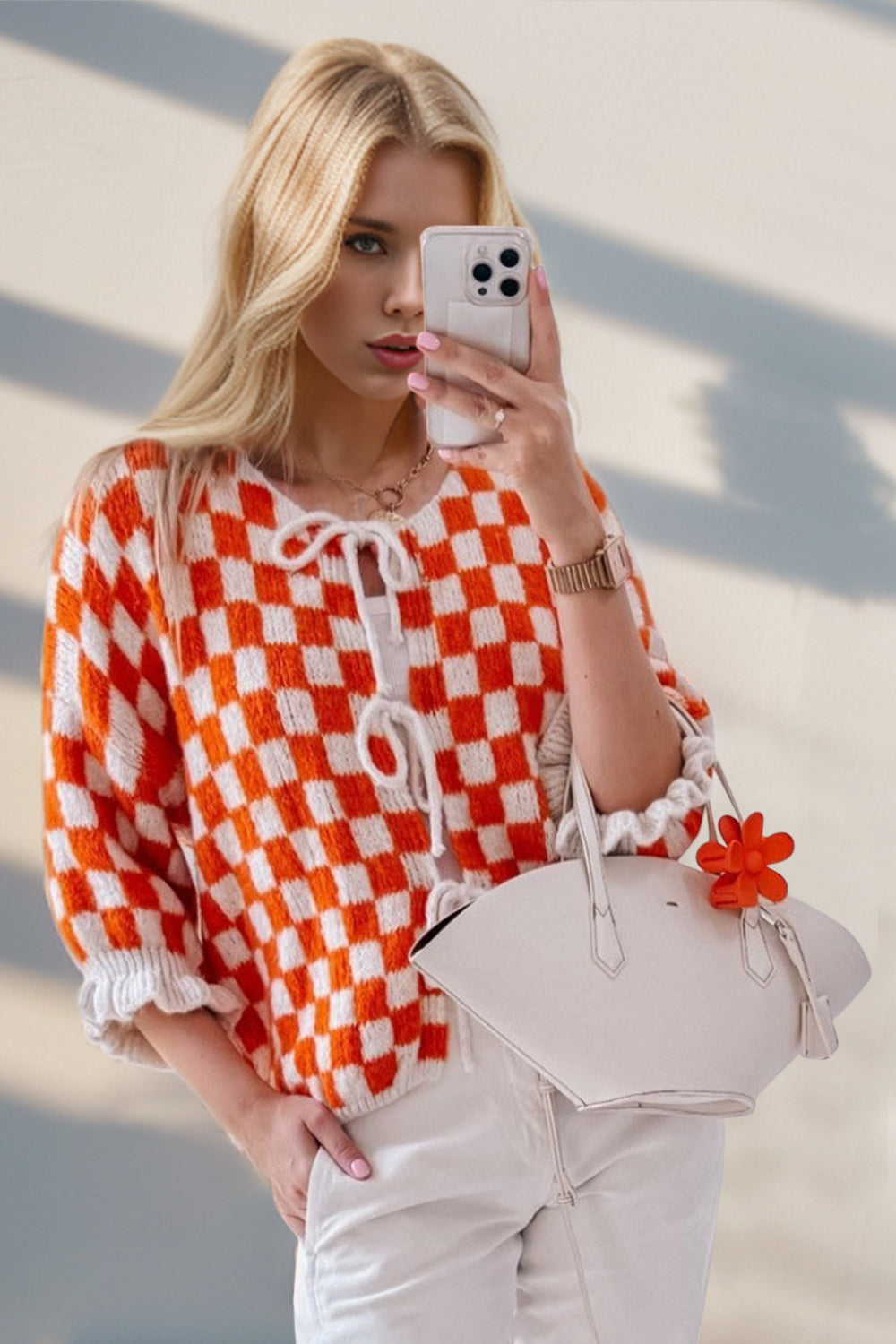 Double Take Tied Checkered Dropped Shoulder Flounce Sleeve Cardigan-Krush Kandy, Women's Online Fashion Boutique Located in Phoenix, Arizona (Scottsdale Area)