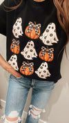 Halloween Ghost &amp; Pumpkin Daisy Checkered Sleeve T-Shirt-Tops-Krush Kandy, Women's Online Fashion Boutique Located in Phoenix, Arizona (Scottsdale Area)