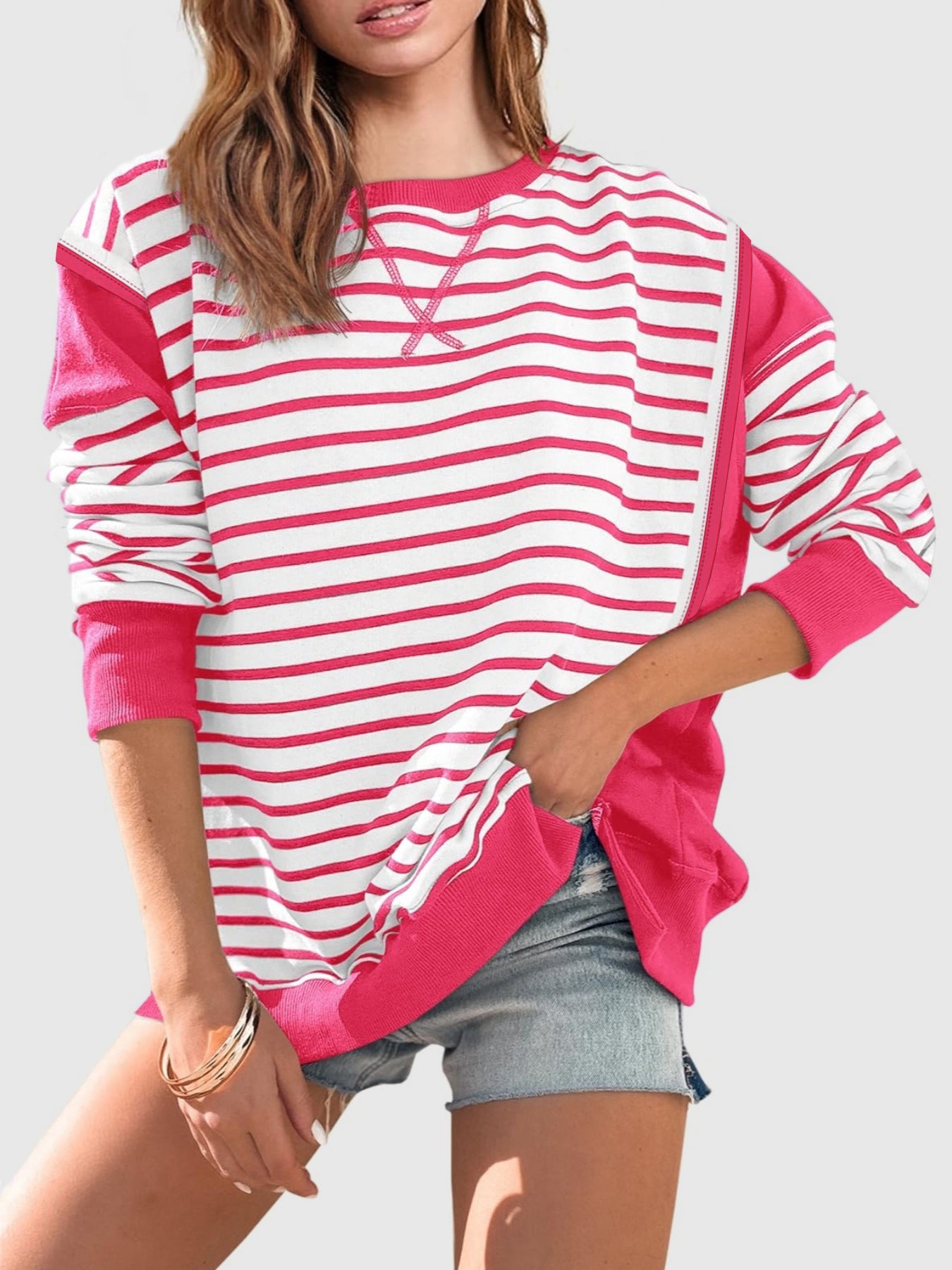 Slit Exposed Seam Striped Long Sleeve Sweatshirt-Sweaters-Krush Kandy, Women's Online Fashion Boutique Located in Phoenix, Arizona (Scottsdale Area)