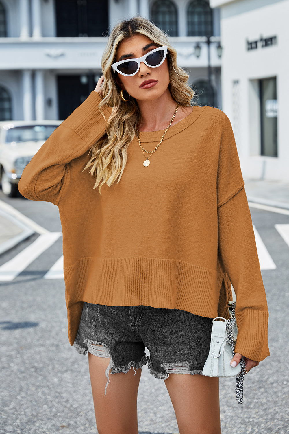 High-Low Slit Round Neck Long Sleeve Sweater-Krush Kandy, Women's Online Fashion Boutique Located in Phoenix, Arizona (Scottsdale Area)