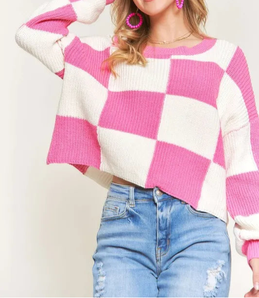 ADORA Plus Size Comfy Checkered Colorblock Sweater Top-Sweater-Krush Kandy, Women's Online Fashion Boutique Located in Phoenix, Arizona (Scottsdale Area)