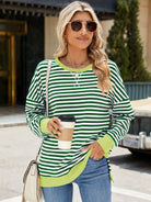 Slit Striped Round Neck Long Sleeve Sweatshirt-Krush Kandy, Women's Online Fashion Boutique Located in Phoenix, Arizona (Scottsdale Area)