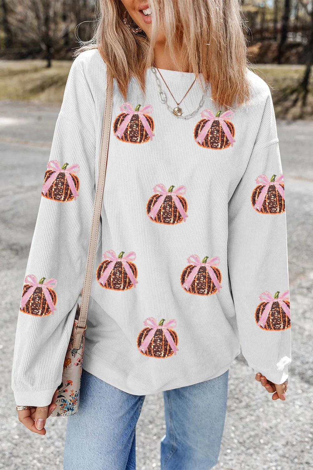 Pink Bow Pumpkin Sequin Sweatshirt-Sweaters-Krush Kandy, Women's Online Fashion Boutique Located in Phoenix, Arizona (Scottsdale Area)