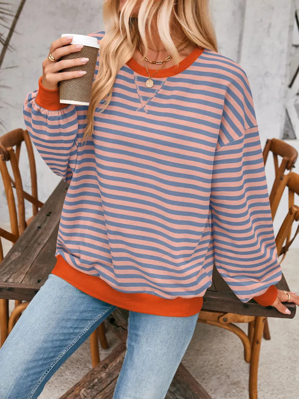 Lovelet Contrast Striped Long Sleeve Sweatshirt-Sweaters-Krush Kandy, Women's Online Fashion Boutique Located in Phoenix, Arizona (Scottsdale Area)