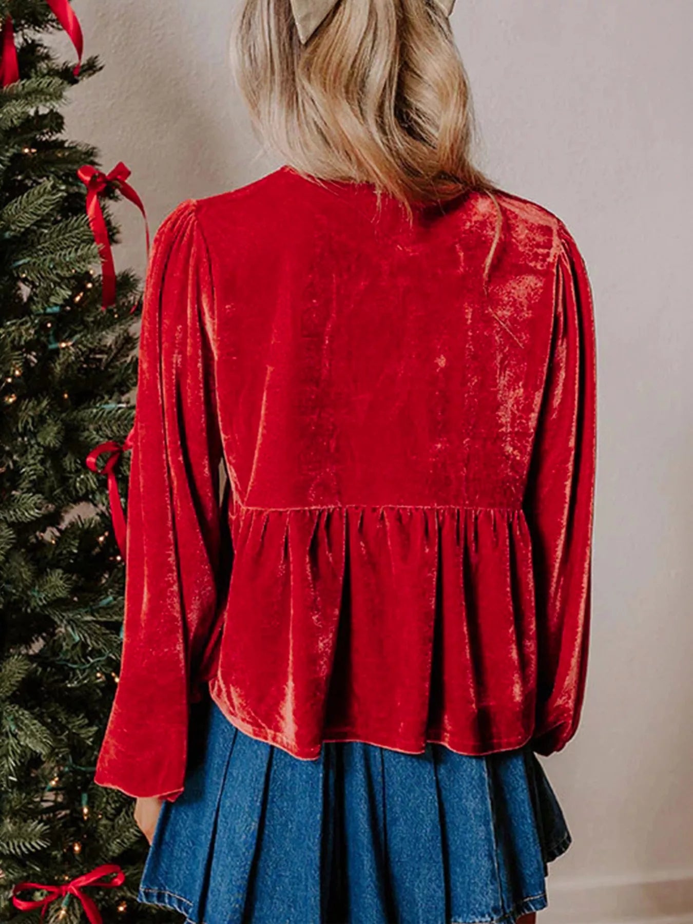 Plus Size Tie Front Velvet Peplum Blouse-Blouses-Krush Kandy, Women's Online Fashion Boutique Located in Phoenix, Arizona (Scottsdale Area)