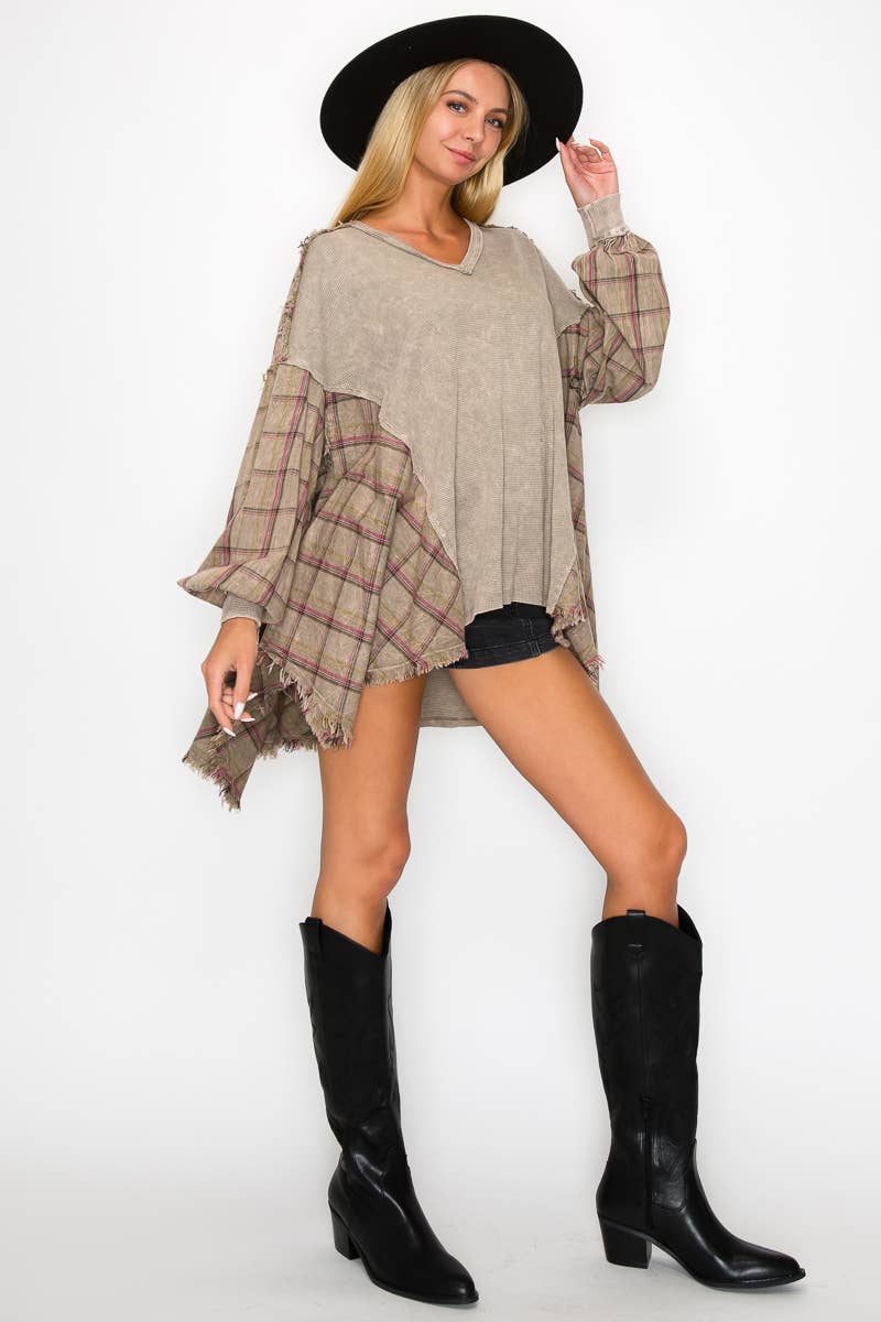 Mineral Wash Pullover with Plaid Flannel-Tops-Krush Kandy, Women's Online Fashion Boutique Located in Phoenix, Arizona (Scottsdale Area)