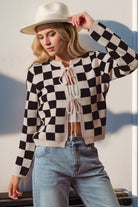 Double Take Full Size Checkered Tie Front Long Sleeve Cardigan-Sweaters-Krush Kandy, Women's Online Fashion Boutique Located in Phoenix, Arizona (Scottsdale Area)