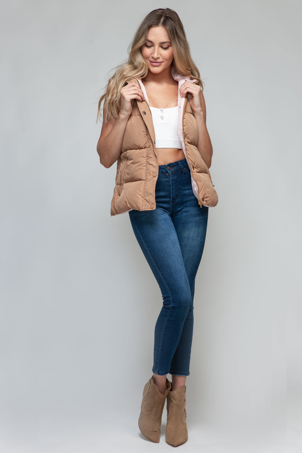 Cozy Chic: Hooded Puffer Vest - Khaki-Vests-Krush Kandy, Women's Online Fashion Boutique Located in Phoenix, Arizona (Scottsdale Area)