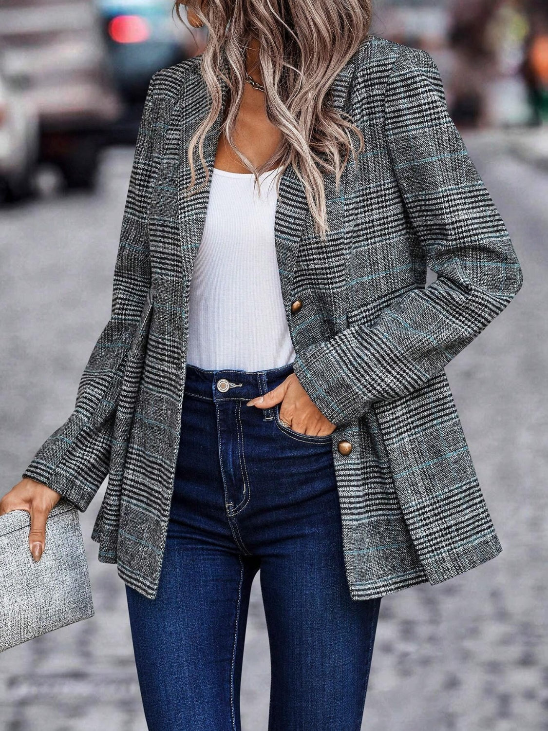 Plaid Button Up Lapel Collar Blazer-Krush Kandy, Women's Online Fashion Boutique Located in Phoenix, Arizona (Scottsdale Area)