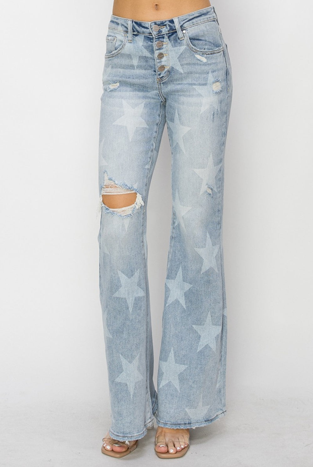 RISEN Mid Rise Button Fly Start Print Flare Jeans-Krush Kandy, Women's Online Fashion Boutique Located in Phoenix, Arizona (Scottsdale Area)
