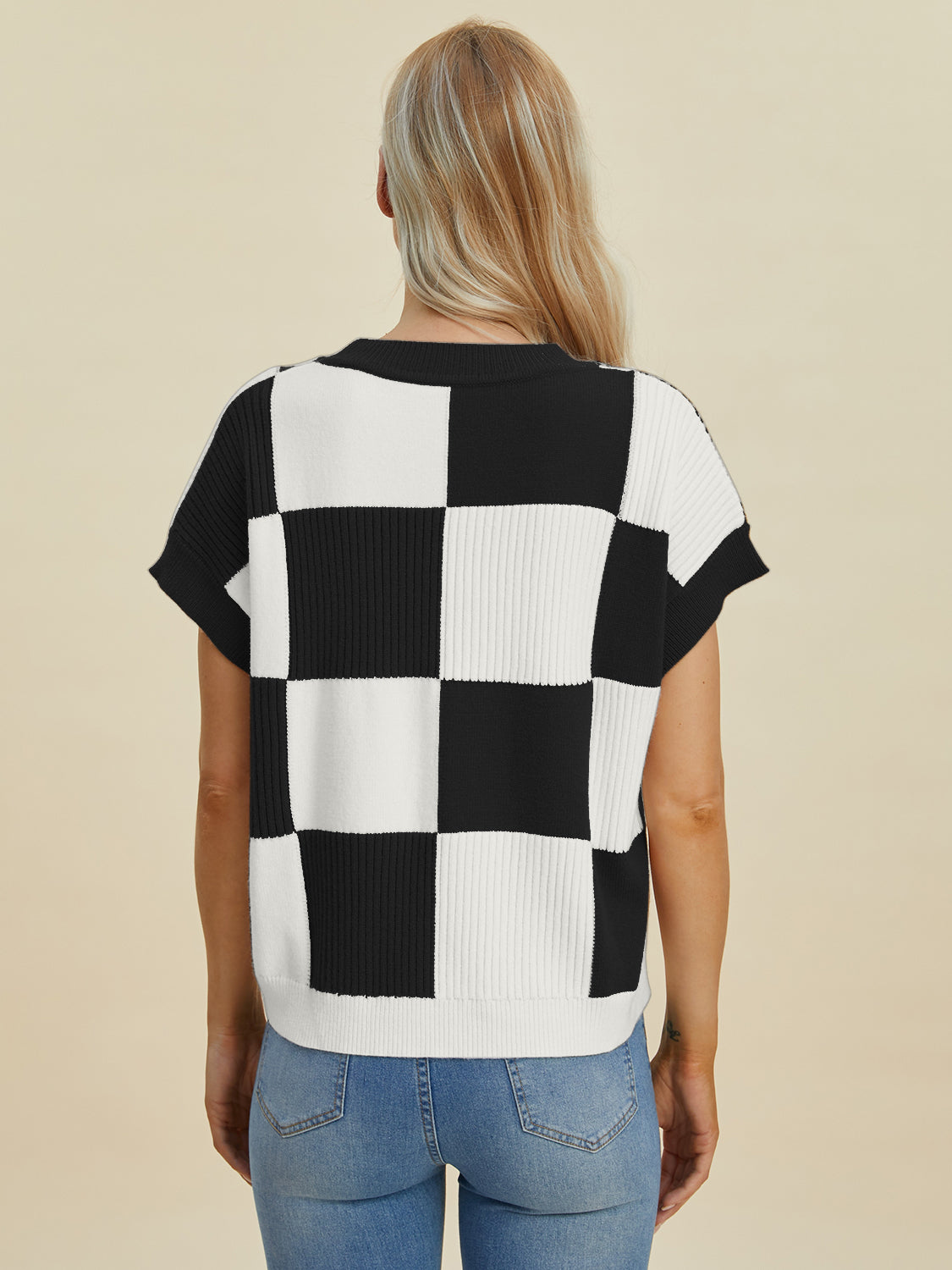 Double Take Full Size Checkered Round Neck Short Sleeve Sweater-Krush Kandy, Women's Online Fashion Boutique Located in Phoenix, Arizona (Scottsdale Area)