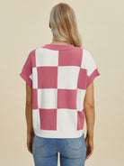 Double Take Full Size Checkered Round Neck Short Sleeve Sweater-Tops-Krush Kandy, Women's Online Fashion Boutique Located in Phoenix, Arizona (Scottsdale Area)